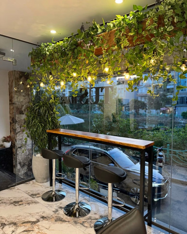 Quầy bar gỗ và ghế cao dưới giàn cây xanh, nhìn ra mặt kính salon