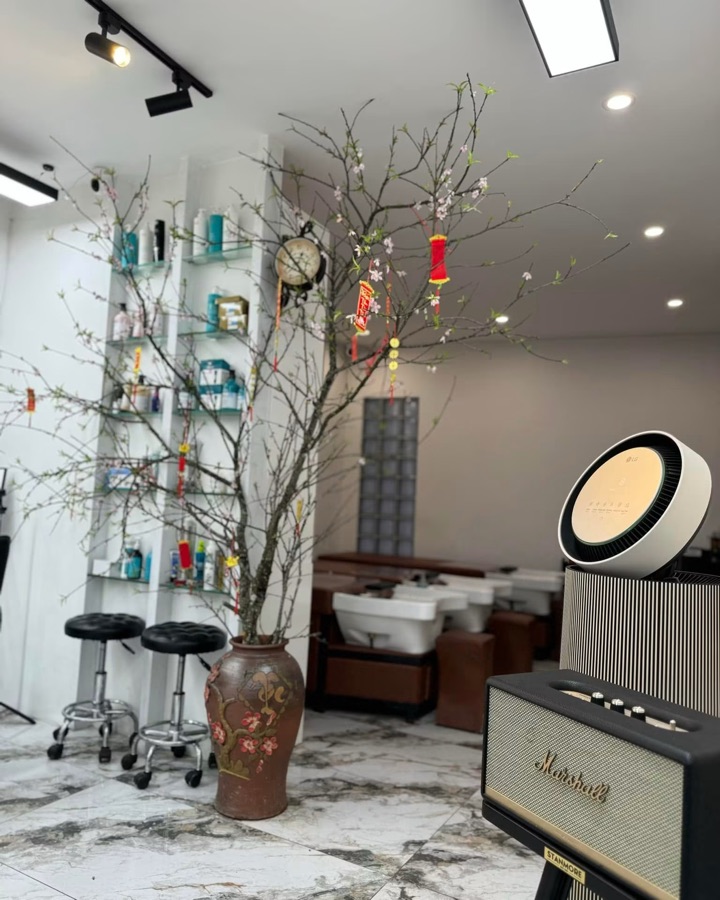 Khu gội đầu và kệ sản phẩm, trang trí cành đào ngày Tết trên nền sàn đá cẩm thạch